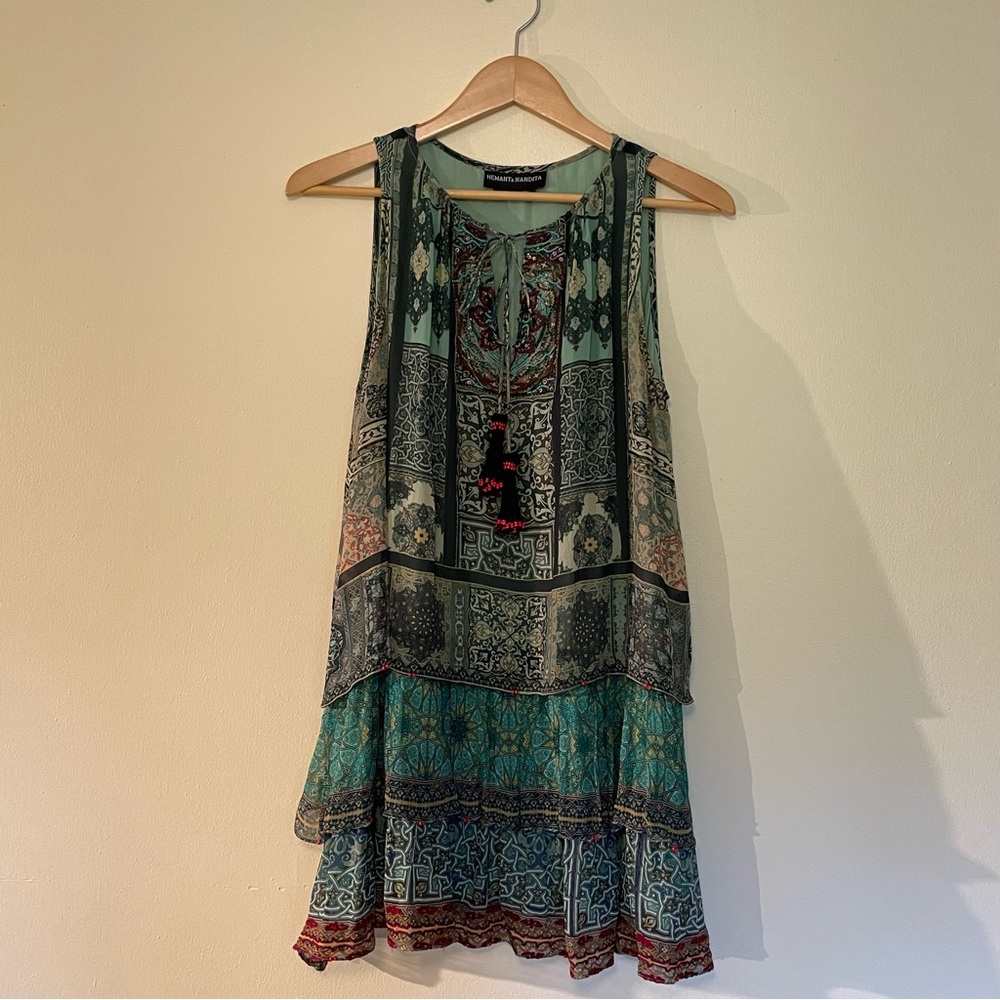 HEMANT & NANDITA Teal Multi-Print Layered Mini Dress